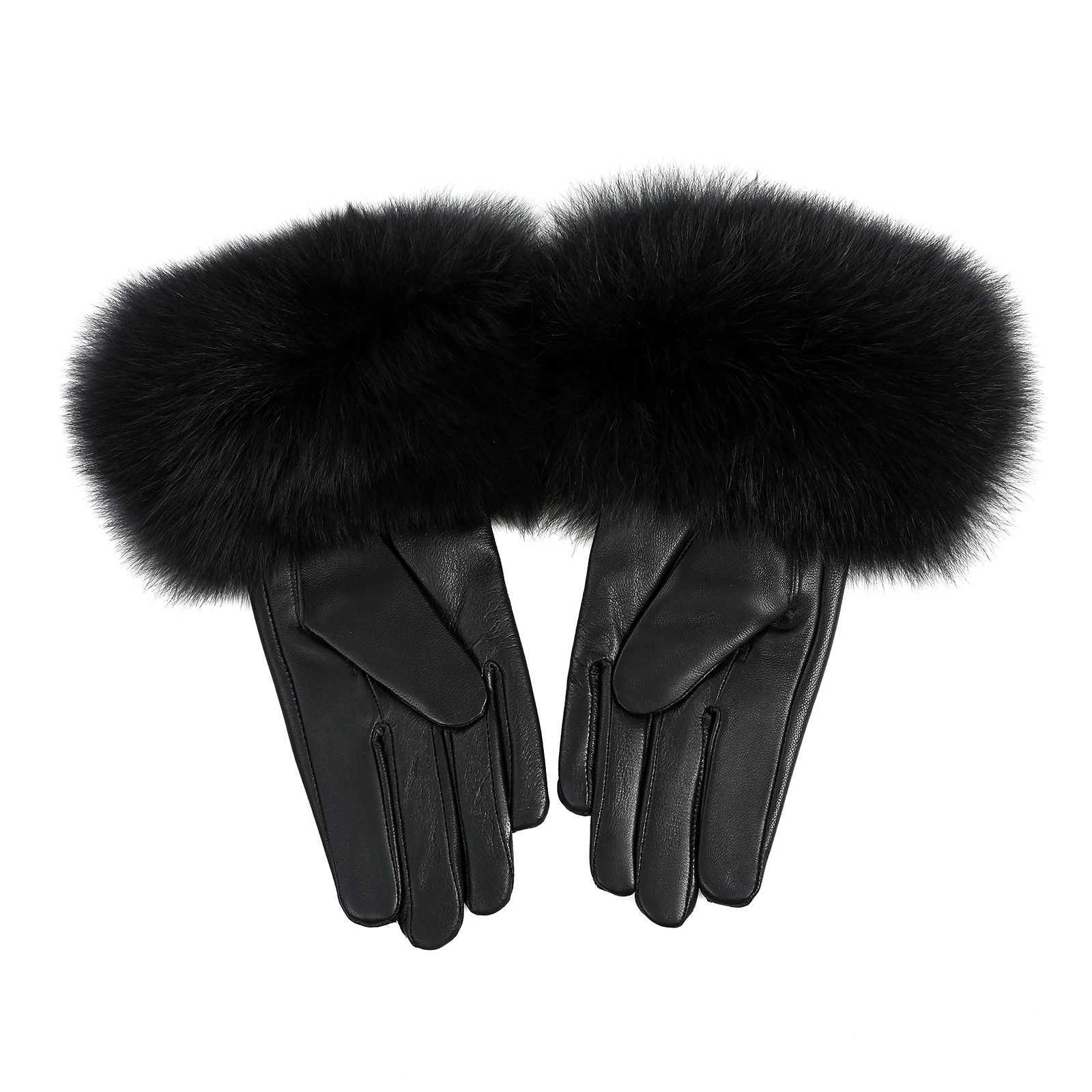 BOONJOVIA Women Genuine Lambskin Leather Gloves With Real Fox Fur Trim Cuff Winter Warm Driving GlovesVelvet Lined C250930