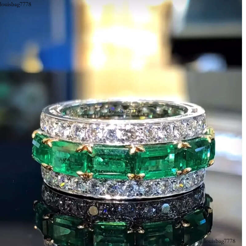 Rulalei Valuable Lovers Lab Emerald Dia Ring Sterling Sier Party Wedding Band Rings for Women Men Engagement Jewelry Gift