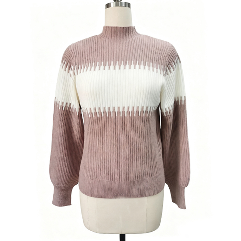 Women's Blouses & Shirts Women's Semi - Turtleneck Knit Sweater - Elegant Pink & White Gradient Striped Design AS-2548