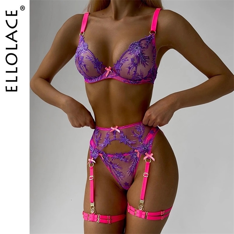Ellolace Pink Fancy Lingerie Floral Lace See Through Underwear Sensual Garter Belt Set Contrast Color Fairy Outfit 250324bj