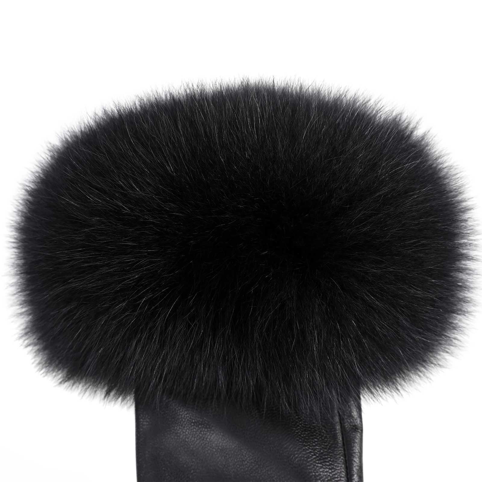 BOONJOVIA Women Genuine Lambskin Leather Gloves With Real Fox Fur Trim Cuff Winter Warm Driving GlovesVelvet Lined C250930