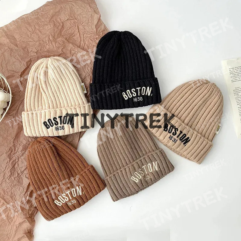 Solid Color Letter Baby Beanie Cap Winter Warm Knit Hat for Girls Boys Vintage Embroidered BOSTON Toddler Kids Crochet Bonnet250828
