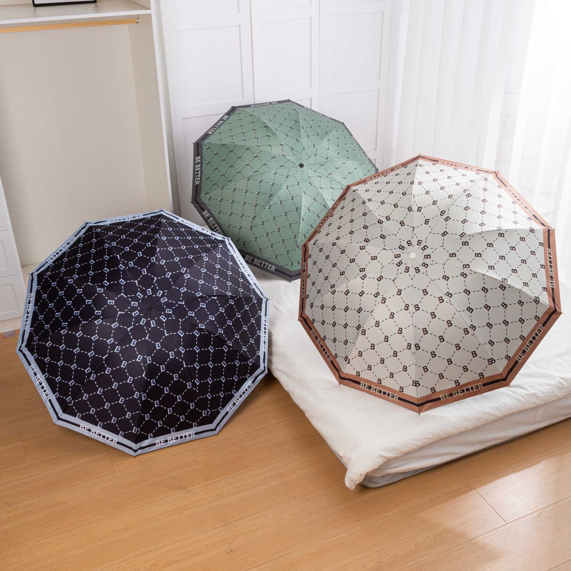 Grid Trendy Sun Umbrella ThreeFold DualUse Folding Umbrella Sunshade Umbrella Black Coating UV Protection Sun Protection Essential C250930