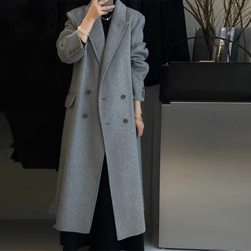 High-end relaxed style double-breasted suit, vintage wool coat, rare French mid-length women's outerwear