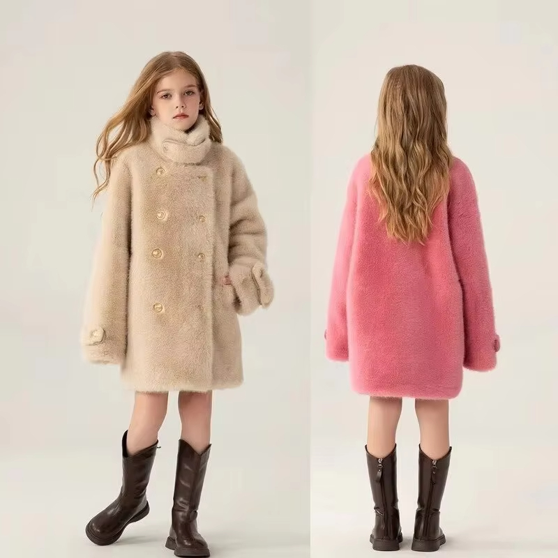 New Winter Luxury design Girls Fur Jackets Children cotton Lined coat Imitation Mink Fur Coat Kids Beige Pink Thicken Fur Outwear