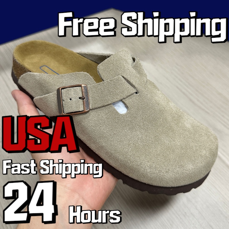 Free shipping boston soft footbed suede taupe mens designer slides classic clogs black womens Arizona sandals big buckle slippers slip-on casual shoes 35-45 chestnut
