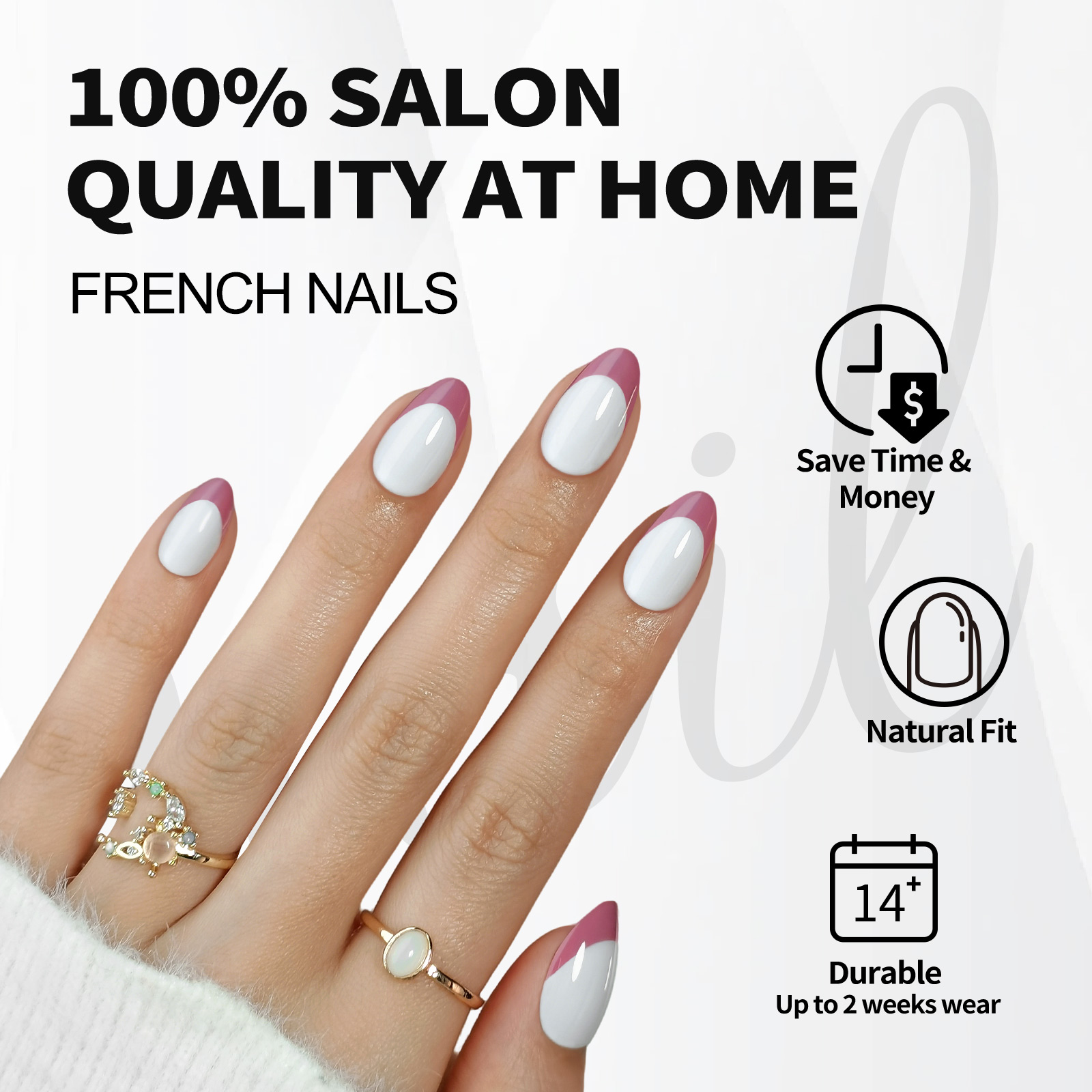 Rose - red French - style almond - shaped press - on nail stickers + adhesive. There are 16 sizes available, and each pack contains 32 reusable fake n