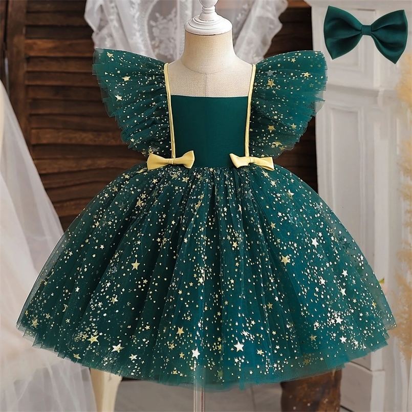 Ruffle Sleeve Sequin Girl Dress Baby 1 Year Bithday Fluffy Ball Gown Kids Evening Party Christmas Carnival Vestido Formal Cloth 241025