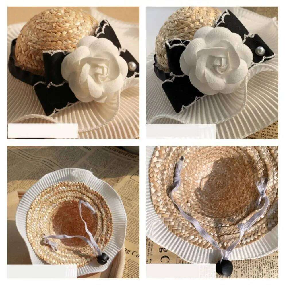 Pet Accessories Ins Style Camellia Decorative Adjustable Cat Sun Straw White Dog Bowknot Hat Beach