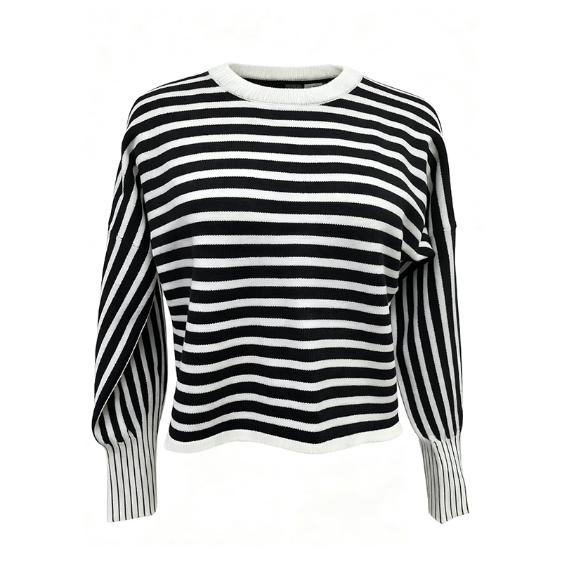 Women's Blouses & Shirts Women's Black and White Striped Round Neck Pullover Sweater - Lantern Sleeve Loose Fit Knitwear for Autumn AS24-023