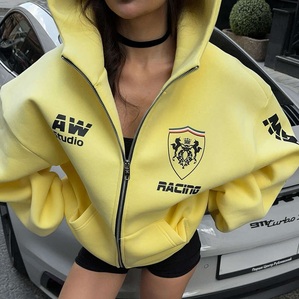 Bestseller American High Style Personalized Printed Zipper Hooded Sweatshirt Jacket For Women Loose Comfortable Warm Street Commuting Versatile Ddmyli