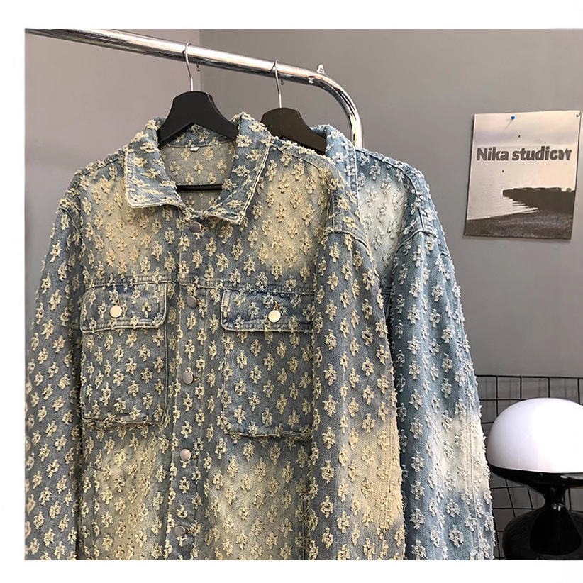 Men's Design Trendy Brand Retro Water Washed Vintage Jacquard Cowboy Jacket Loose and Casual Versatile Full Print Couple Jacket y2k