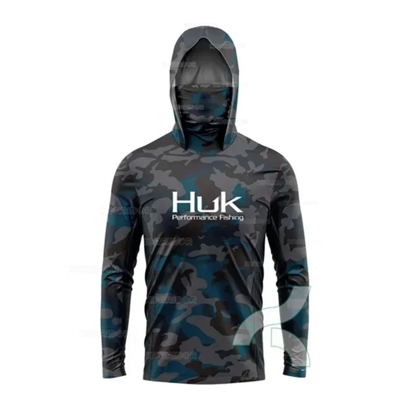 HUK Fishing Shirt Long Sleeve AntiUV Fishing Hooded Shirts With Face Mask Fish Clothing Outdoor Sun Protection Tshirts UPF 50 250929