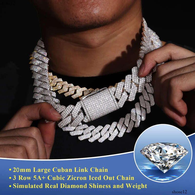 Cuban Link Chain Designer For Men 20MM W 3 Row Bling Dia Necklace Prong Bracelet Rapper Hip Hop Thicker Gold Plated Jewelry Woman Christmas Gift