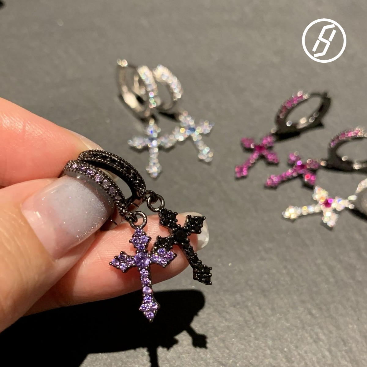 Vintage Y2K Full Diamond S925 Sterling Silver Cross Pendant Earrings Hip-hop All-matching Silver Color Zircon Punk Fashion Accessories Designer Jewelry Wholesale