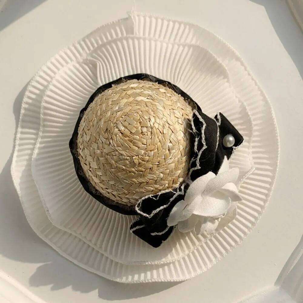 Pet Accessories Ins Style Camellia Decorative Adjustable Cat Sun Straw White Dog Bowknot Hat Beach
