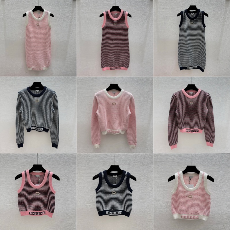 Women Striped Crew Neck Sweater Slim Fit Knitted Sleeveless Dress Y2K Cropped Tank Tops