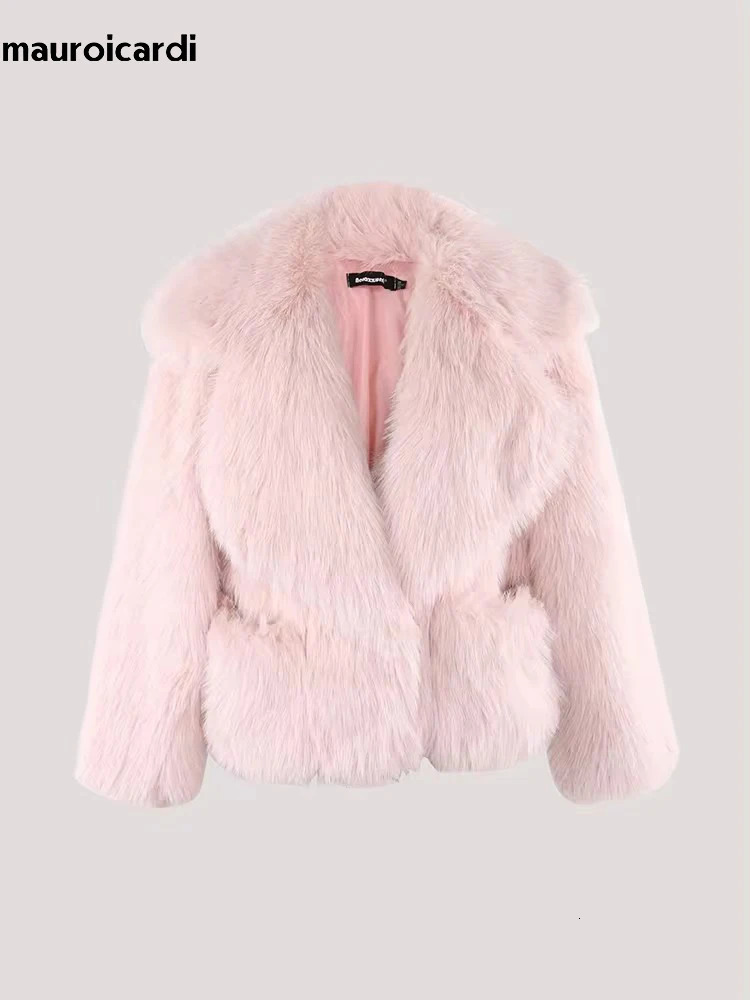 Mauroicardi Autumn Winter Short Hairy White Soft Blue Thick Shaggy Warm Black Faux Fur Coat Women Loose Pink Fluffy Jacket 2025 250929