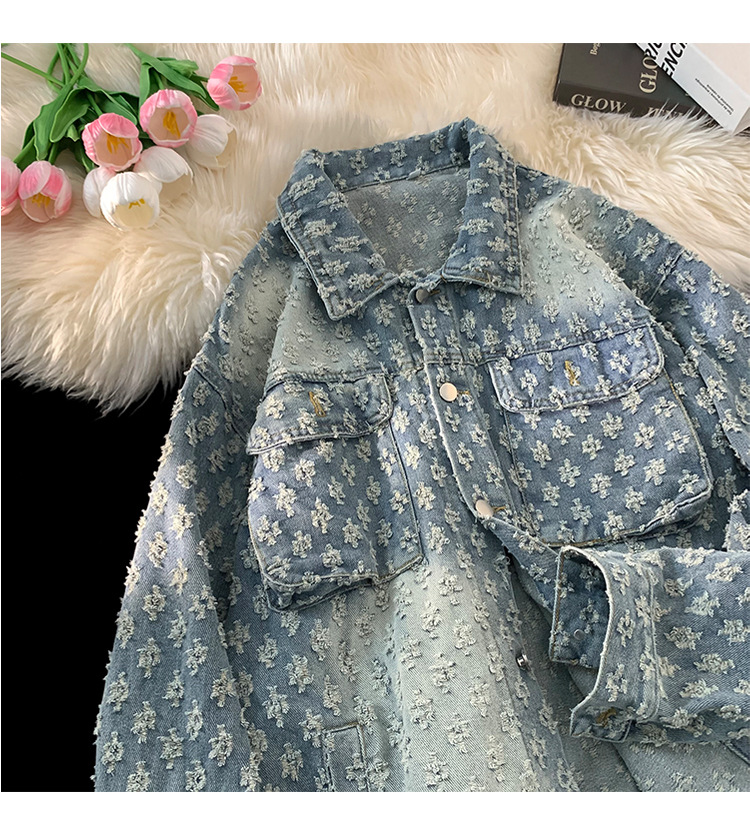 Men's Design Trendy Brand Retro Water Washed Vintage Jacquard Cowboy Jacket Loose and Casual Versatile Full Print Couple Jacket y2k