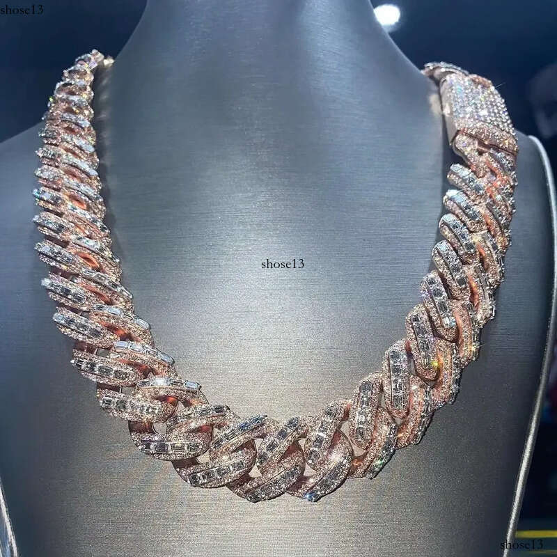 Sterg Sier Iced Out Baguette Cut Custom Solid Rose Gold Plated VVS Moissanite Hip Hop k Miami Cuban Chain for Rapper
