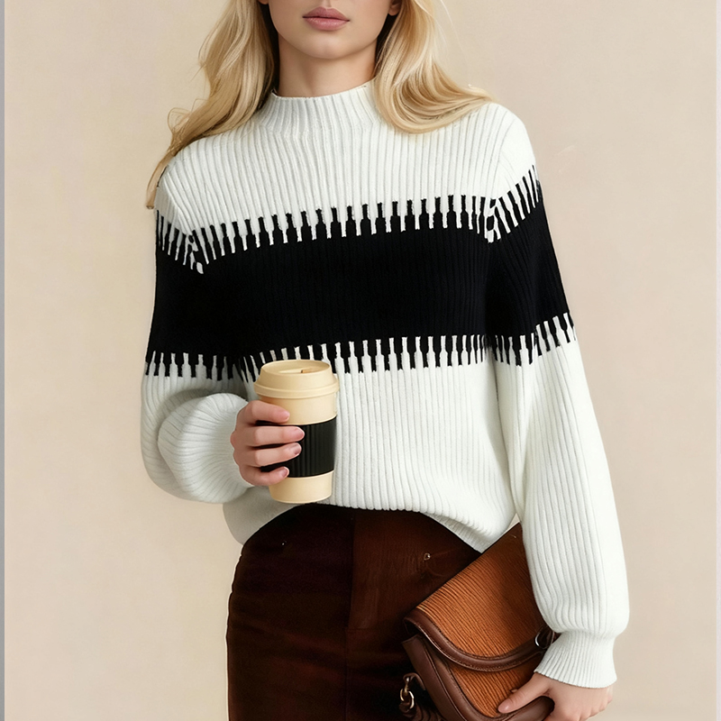 Women's Blouses & Shirts Women's Semi - Turtleneck Knit Sweater - Elegant Pink & White Gradient Striped Design AS-2548