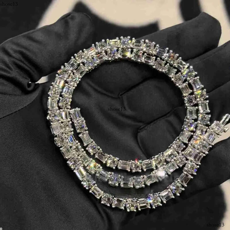 F Color Vvs Baguette/emerald Dia Tennis Chain Necklace Real Sterling Sier 5mm Moissanite