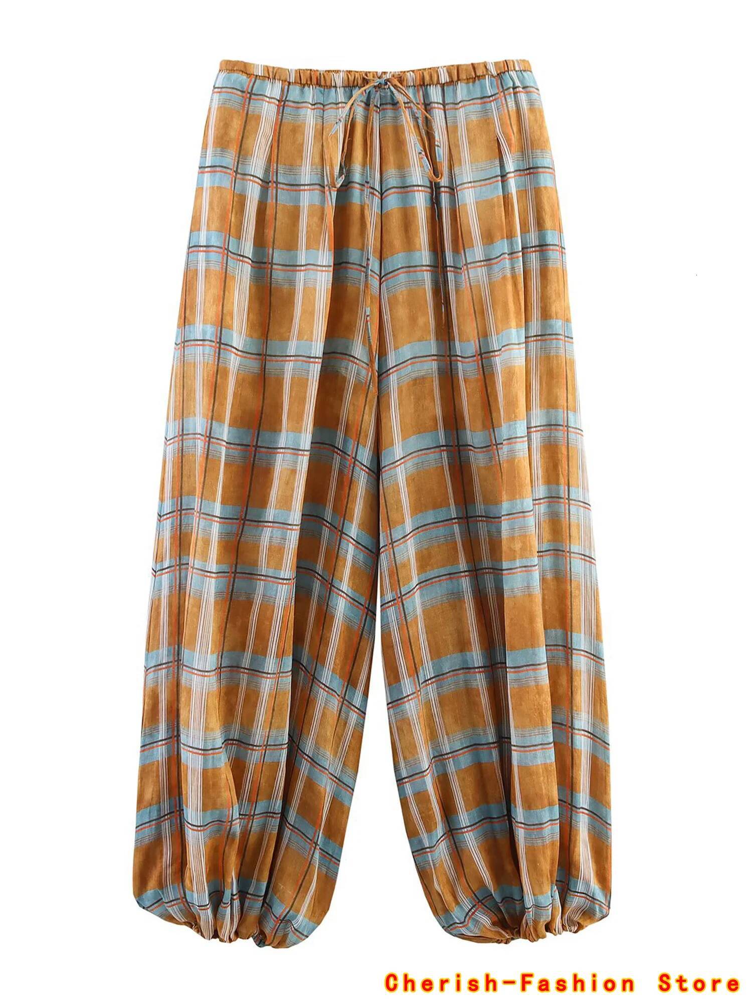 Vintage Casual Chic Women Plaid Pockets Drawstring Straight Loose Pants Fashion 2025 Autumn Holiday Boho Trousers Lantern dongdumaoyi