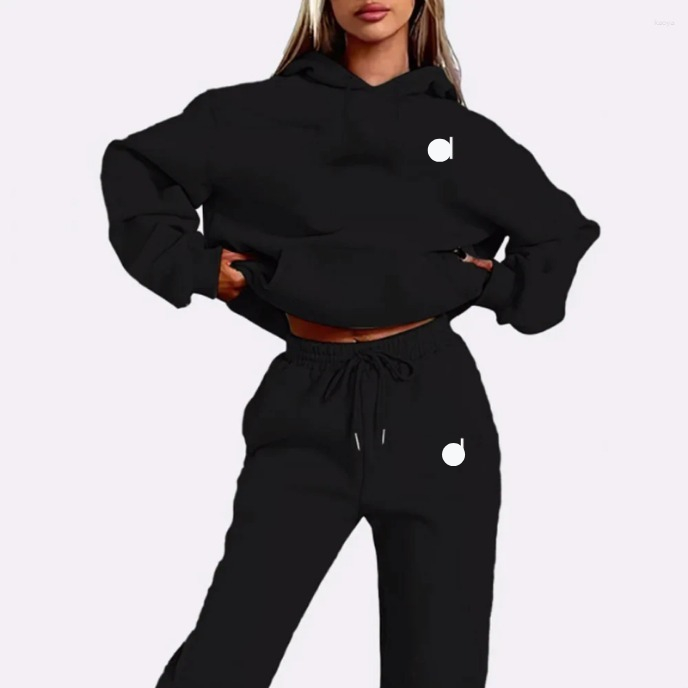 Women hooded sweatshirt yoga two-piece set with letter print top, autumn long sleeve pullover hoodie and high-waisted long pants, suitable for outdoor
