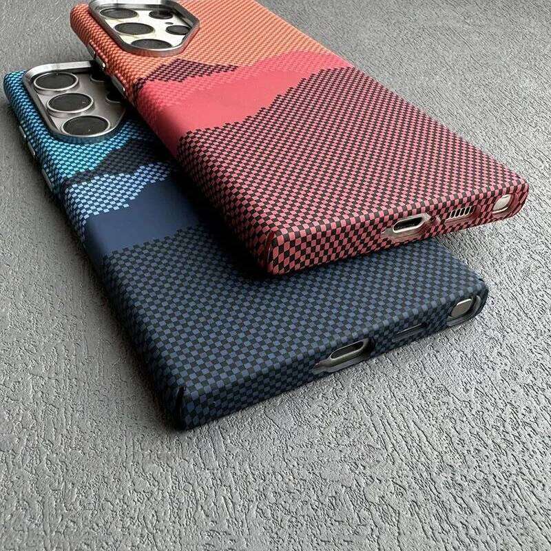 Carbon Fiber Texture Plastic Magsafe Magnetic Case For Samsung S25 S24 S23 Ultra Plus Armor Alloy Lens Protect Cover