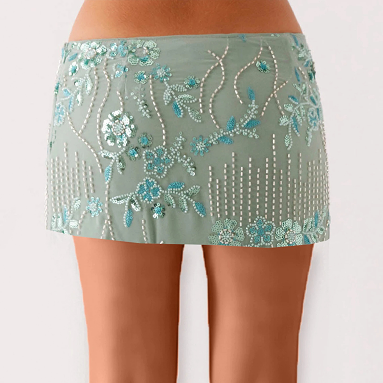 Women Bodycon Sequin Skirt Short Skirt Beaded Flower Low Rise Mini Shiny Glitter Skirts Female Summer Streetwear Y2k Skirts 250922