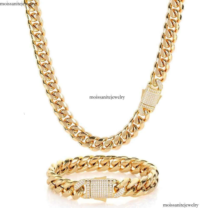 10/12MM Titanium Steel Plated Gold Miami Cuban Link Chain Mens Necklace Inlaid CZ Dia In Spring Buckle Personalized chains Hip Hop Designer Jewelry Gi