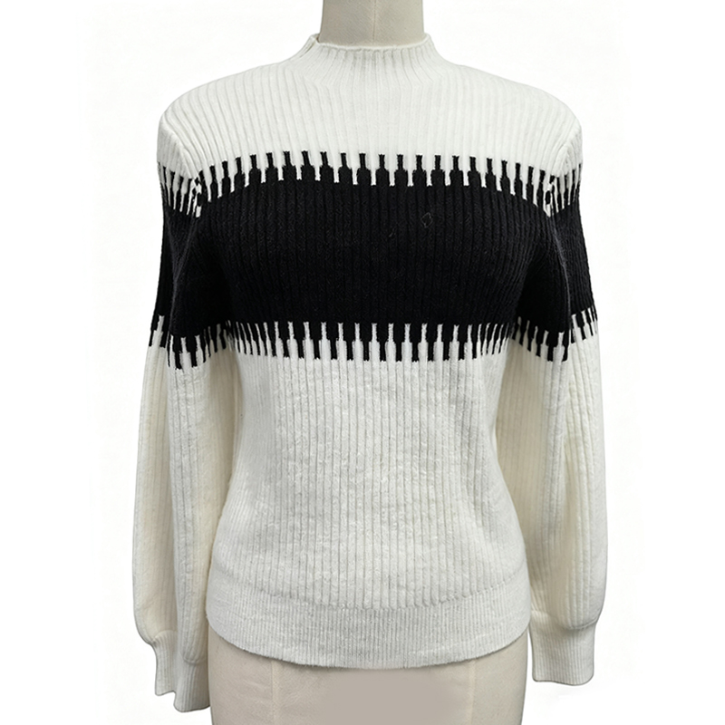 Women's Blouses & Shirts Women's Semi - Turtleneck Knit Sweater - Elegant Pink & White Gradient Striped Design AS-2548