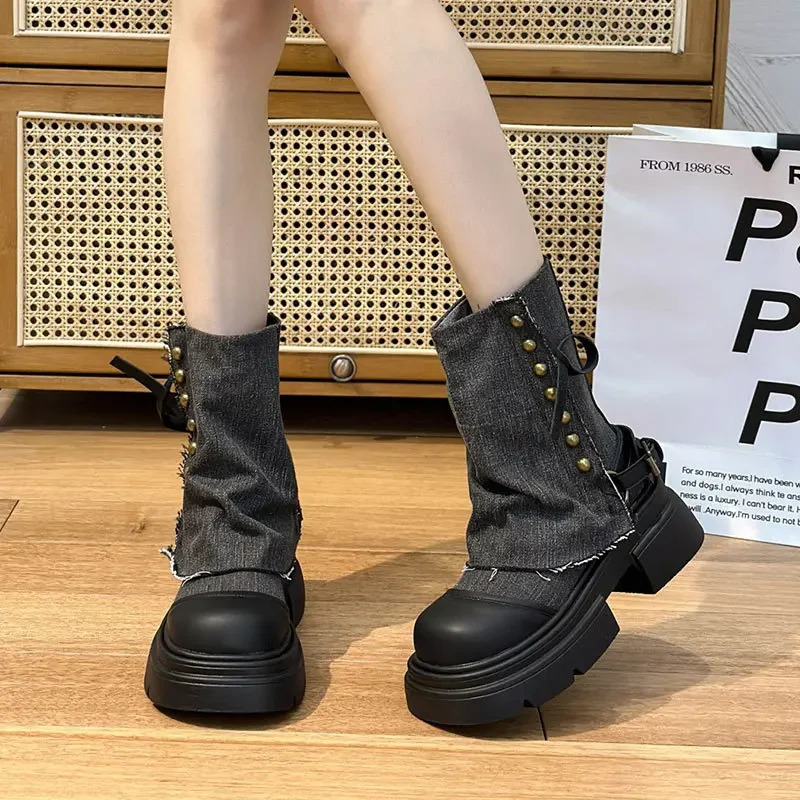 Women Boots British Fashion Pants Leg Boots Thick Soled Rivet Zipper Belt Buckle Platform Anti Slip Cowboy Short Boots 250922