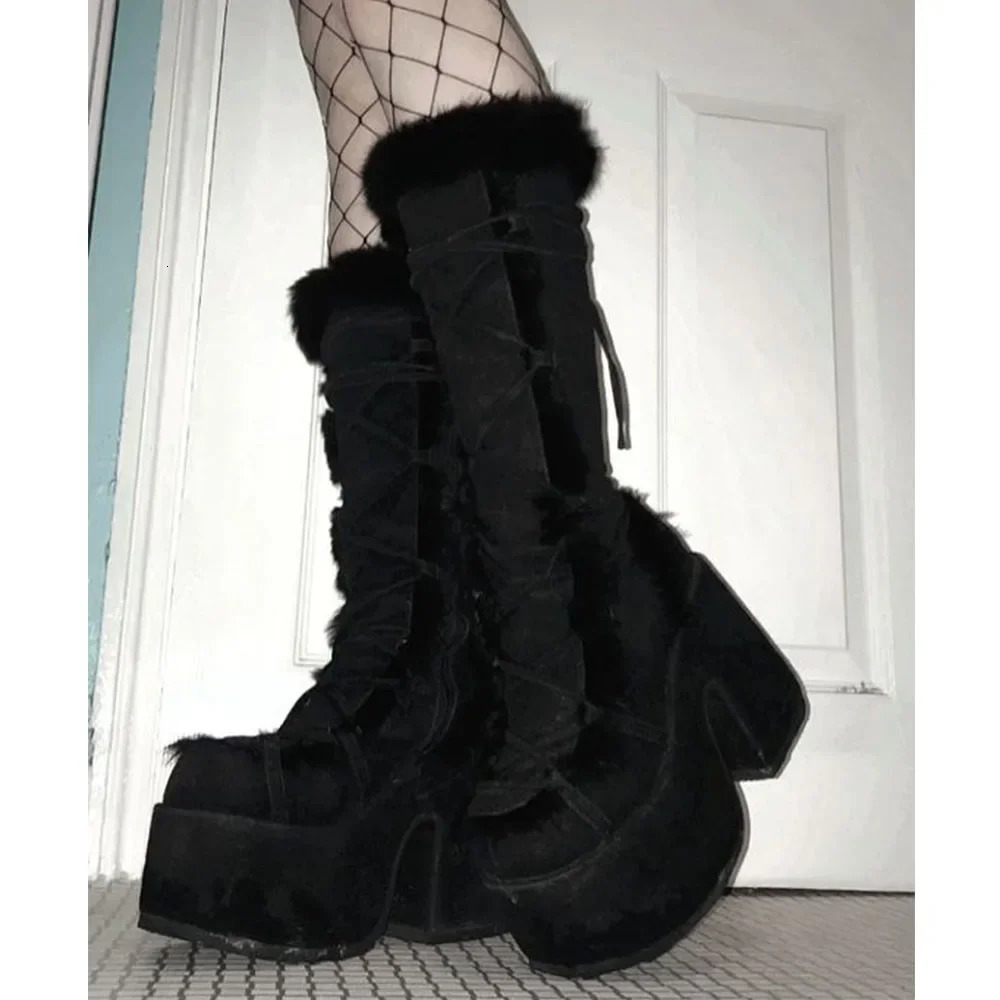Winter Big Size 43 y2k White Punk Style Womens Faux Fur Chunky Platform Boots Gothic Black Block High Heels Shoes 250922