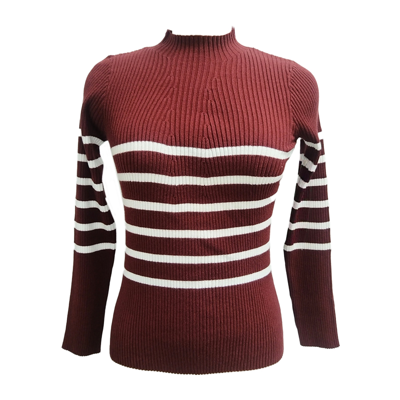 Women's Blouses & Shirts Slim Fit Mock Neck Women's Sweater - Burgundy & White Striped Knit Pullover for Autumn AS24-0218