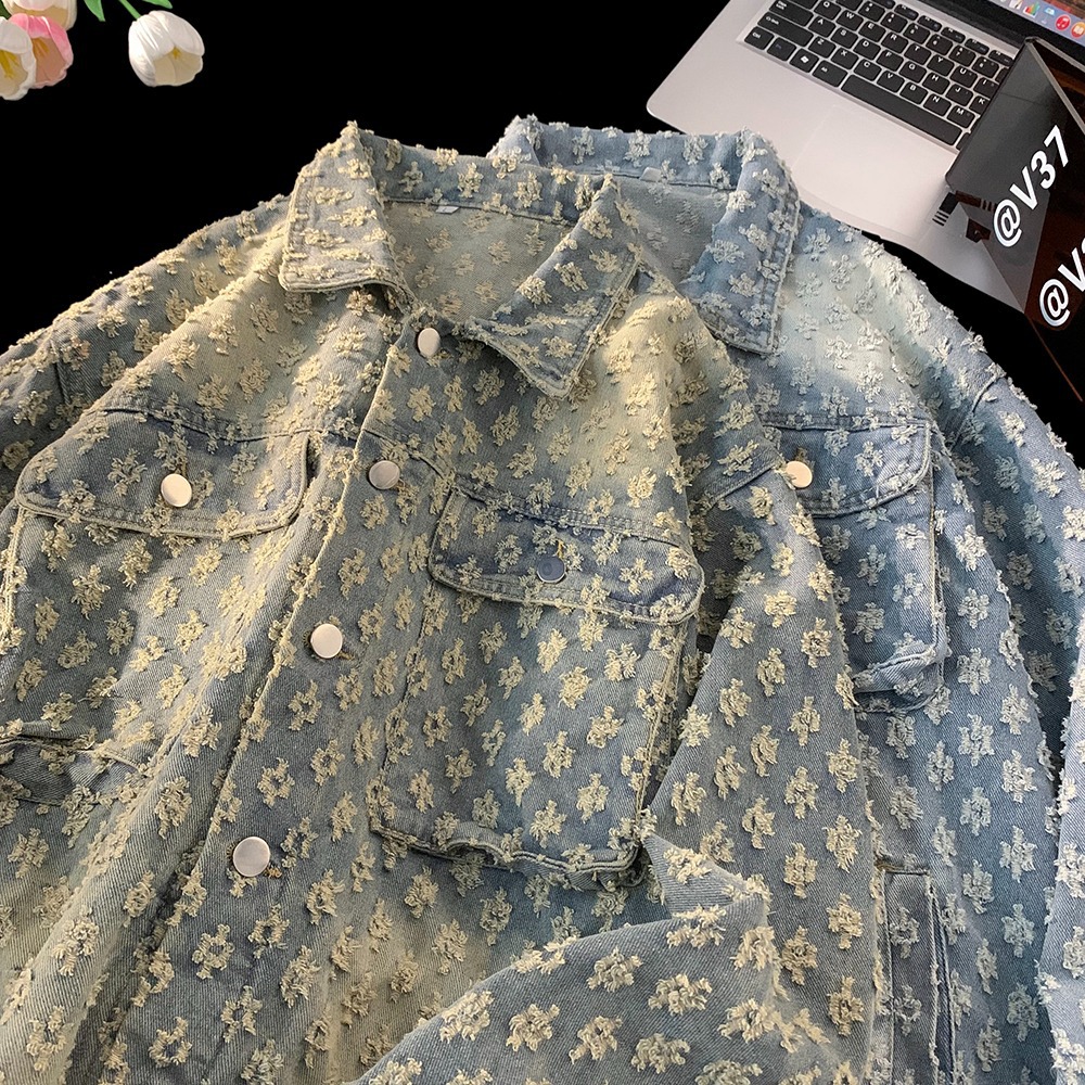 Men's Design Trendy Brand Retro Water Washed Vintage Jacquard Cowboy Jacket Loose and Casual Versatile Full Print Couple Jacket y2k