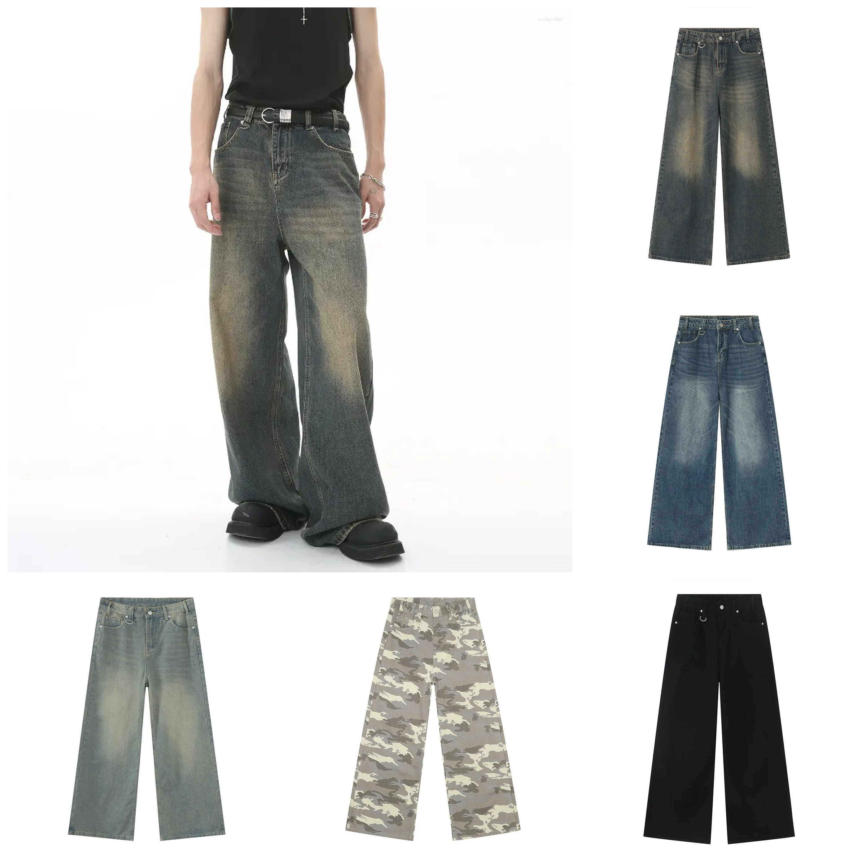 Men's Wide Leg Jeans Vintage Gradient Wash Metal Ring Detail Streetwear Loose Fit Baggy Denim Pants