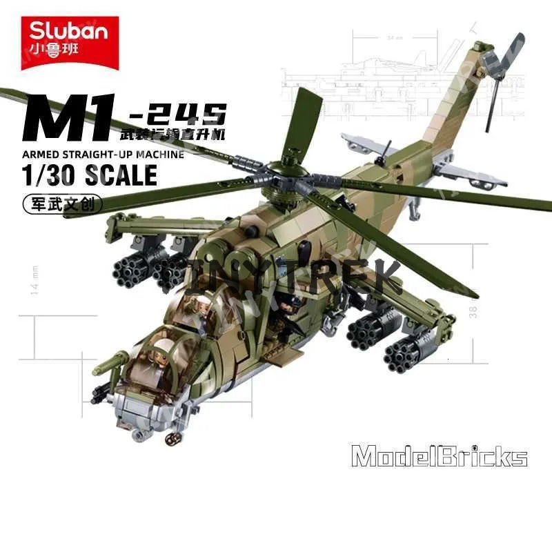2024 Sluban WW2 Military Russia Air Weapon Mi-24 Attack Helicopters Hind Model Building Blocks Classics Fighter B Plane Toy Y250227