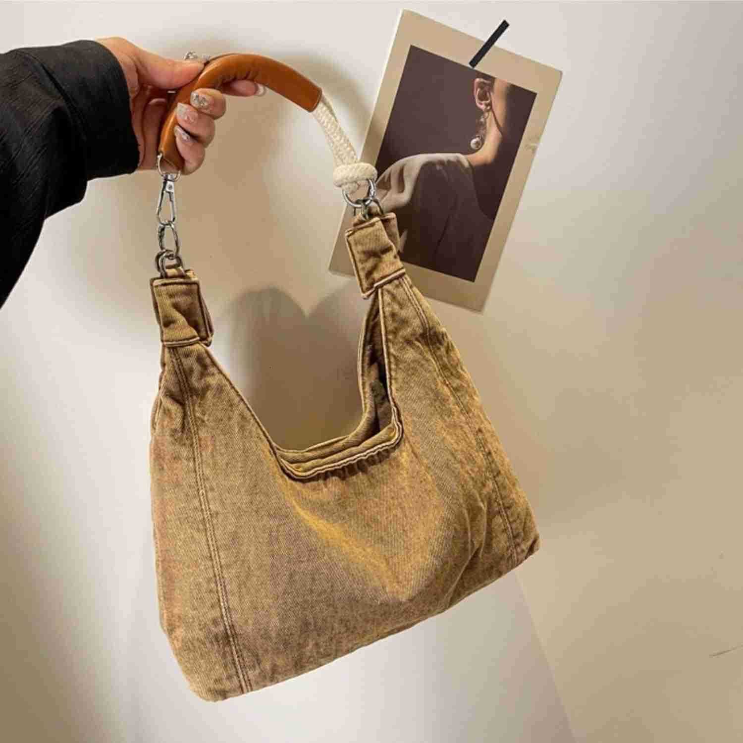 Vintage Denim Tote Handbag for Women Nostalgic Jean Shoulder Bag Purse Casual Top Handle PurseW250930