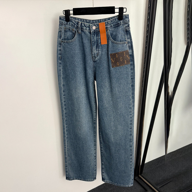 Brand Women Jeans Designer Leather Patchwork Denim Pants Autumn Winter Blue Casual Versatile Jean Trousers