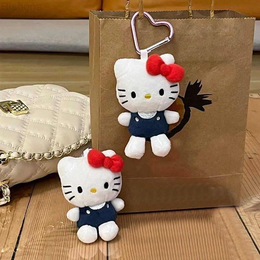 Sanrio MINISO Cute Women Hello Kitty Bag Pendant Pink Bow Cat Plush Doll Charm Keychain Student Backpack Accessories Girls Gifts L250930