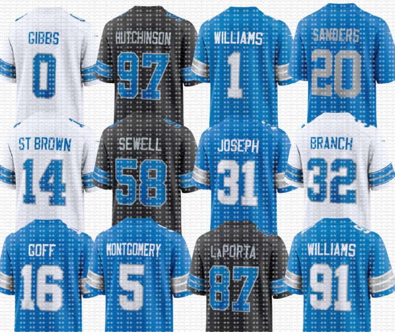 Lions Jersey Barry Sanders Calvin Johnson Aidan Amon-Ra St. Brown Brian Branch David Montgomery Jahmyr Gibbs Jameson Williams Jared Goff Penei Sewell Kerby Joseph