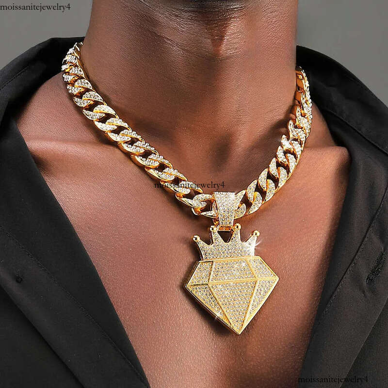 Hip Hop Iced Out Dia Crown Pendant Necklace Men Women with 13mm Bling Cuban Gold Chain Fashion cosplay Jewelry Gift