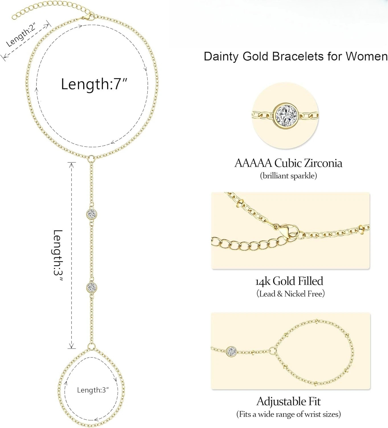 Trendy Women 14K Real Gold Plated Dainty CZ Hand Chain Bracelets Jewelry Ring Bracelet Body Jewelry Gifts for Her Mom Adjustable 250922