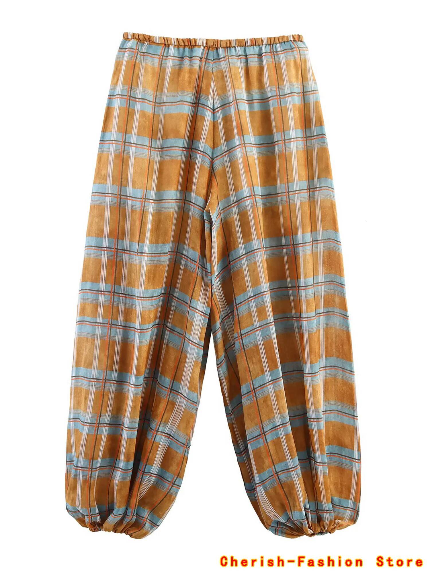 Vintage Casual Chic Women Plaid Pockets Drawstring Straight Loose Pants Fashion 2025 Autumn Holiday Boho Trousers Lantern dongdumaoyi