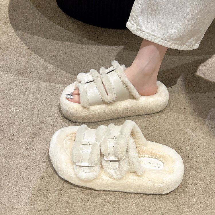 White fluffy slippers with thick soles for women to wear sponge shoes for women new style small fragrance wind plush cotton slippers