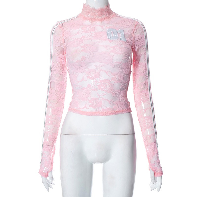 Women's Autumn New Collection: Digital Embroidery High Neck Lace Perspective Set, Finger Long Sleeve Top, T-shirt