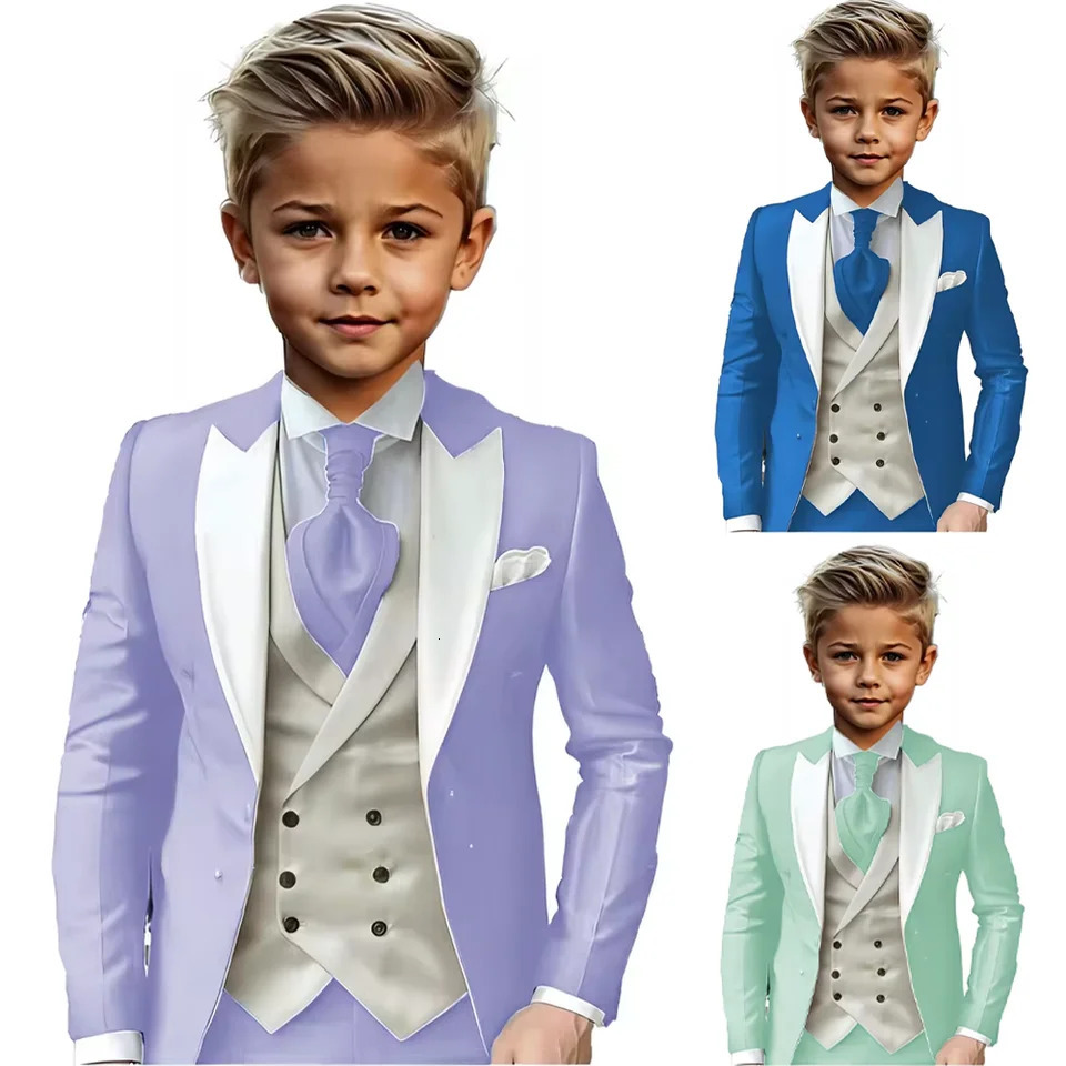Lavender boys 3pcs suit jacket vest pants elegant slim fit set custom child tuxedo for wedding pageboy prom Easter family party 250922