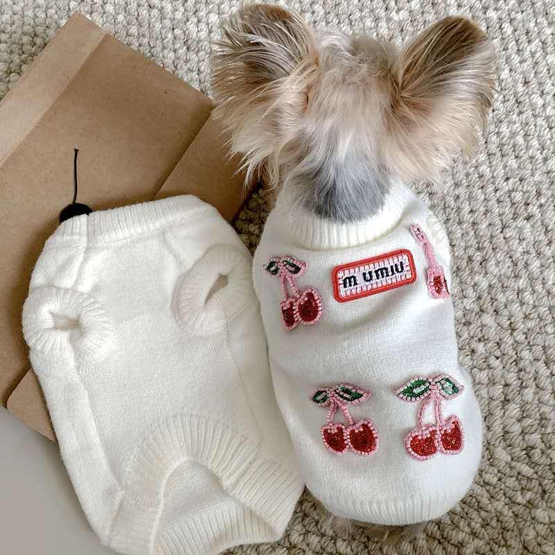 2025 new Designer Pet 3D Pink Cherry embroidered lettering Cat knit sweater Schnauzer West Highland White Dog Clothes Free shipping