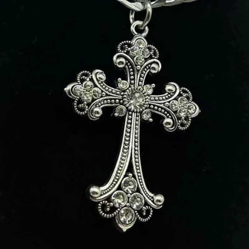 Large Detailed Cross Drill Pendant Necklace Silver Color Tone Gothic Punk Jewellery Fashion Charm Statement Women Girls Gift 250922